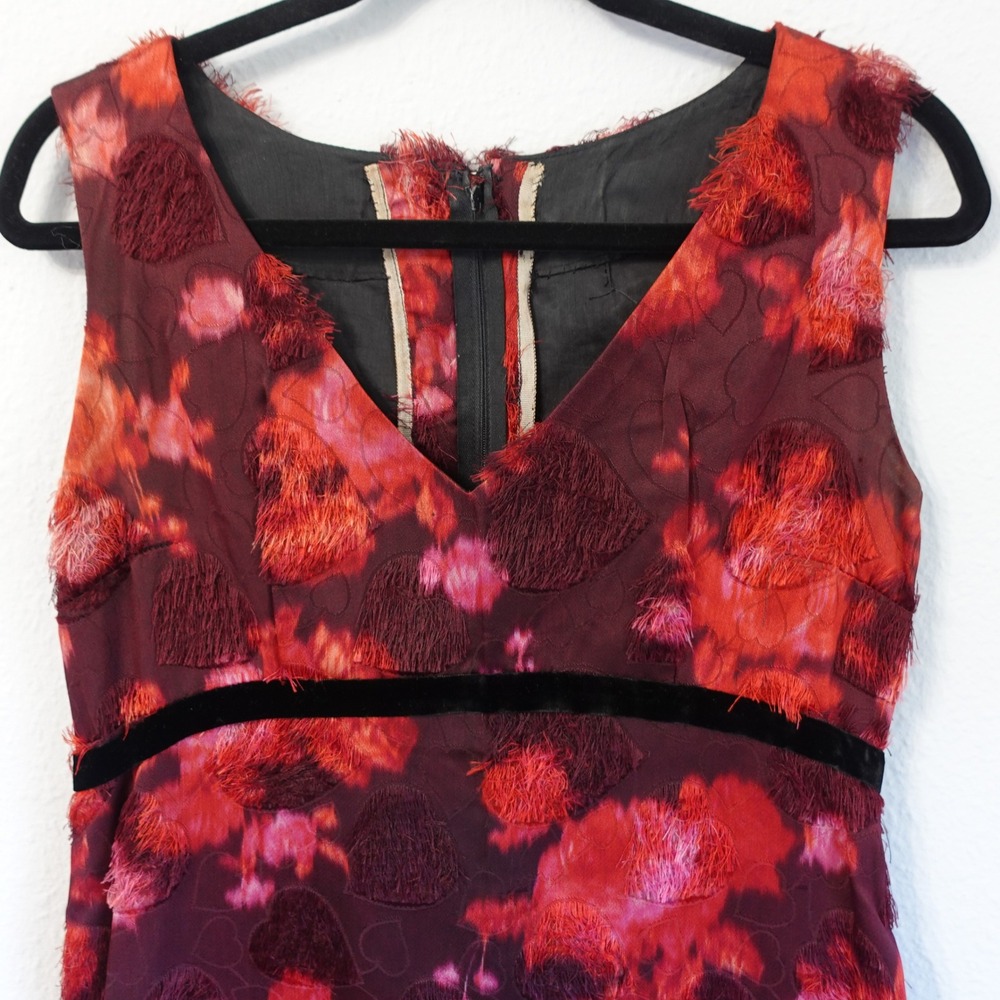 Vintage Handmade Red Floral Fil Coupe Eyelash Maxi Dress Velvet Trim Sleeveless - Picture 2 of 13